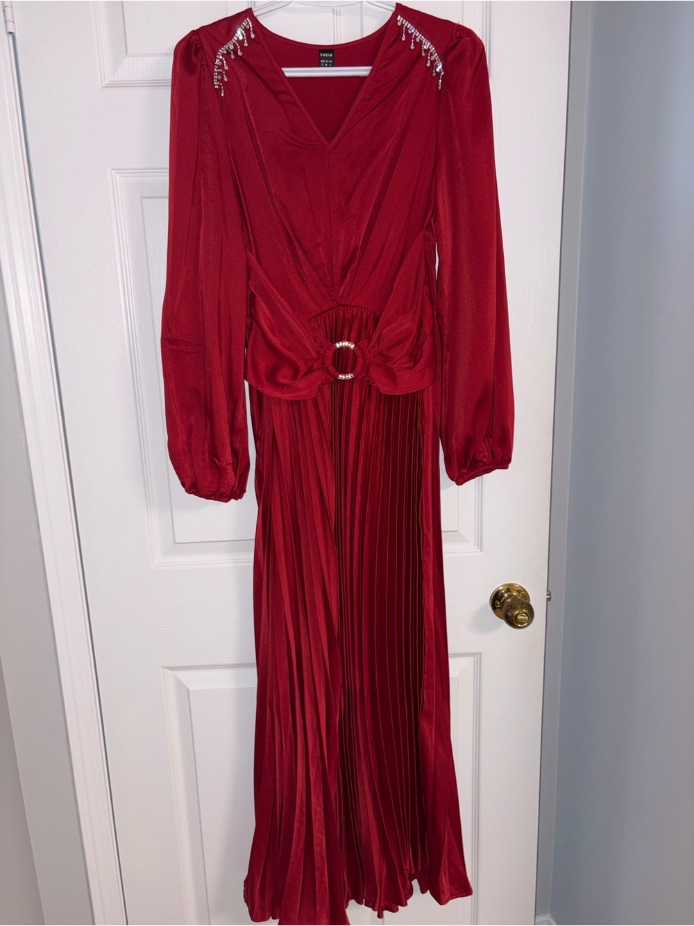 Elegant Red Pleated Maxi Dress with Rhinestone Details, Size 4